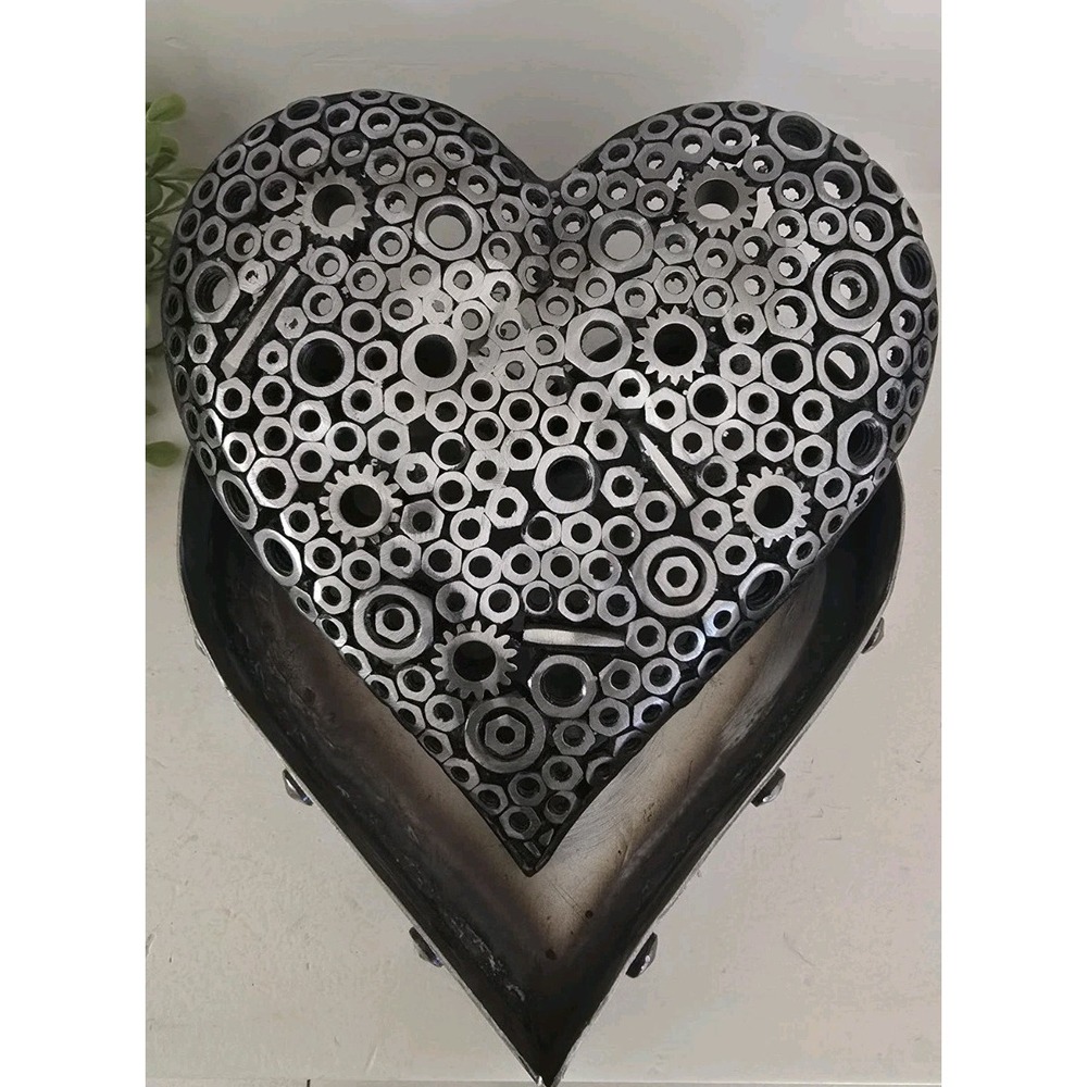 Large Heart Shaped Silver Metal Trinket Box Industrial Nuts &‎ Bolts Rustic